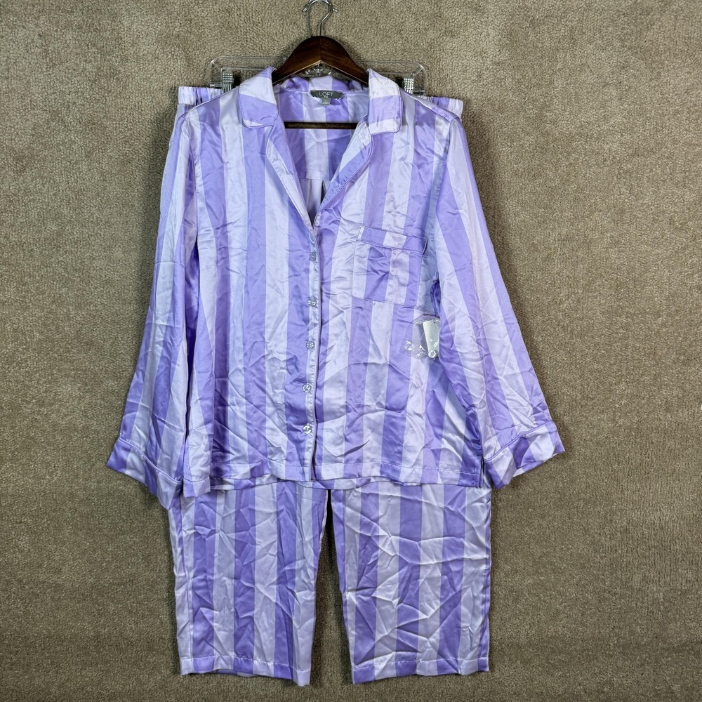 LOFT Sleep Pajama Set Womens XL Purple Satin Stripe Notch Collar Long Sleeve PJs - Picture 2 of 16
